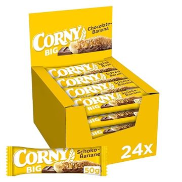 CORNY BIG Chokolade-Banan Müsli-bar 24×50g med fuldkornsflager, bananstykker og chokolade