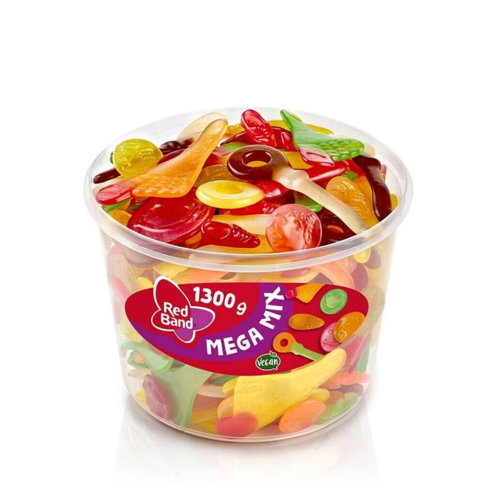 Red Band Mega Mix 1,3kg blanding af frugtgummi i sjove former som klovne, smilies og sutter Red Band Mega Mix 1,3kg blanding af frugtgummi i sjove former som klovne, smilies og sutter